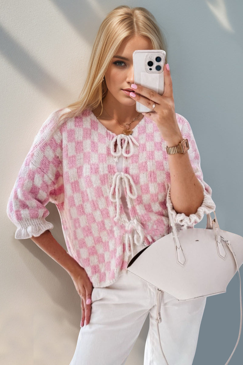 7 COLORS Checkered Dropped Shoulder Flounce Sleeve Cardigan