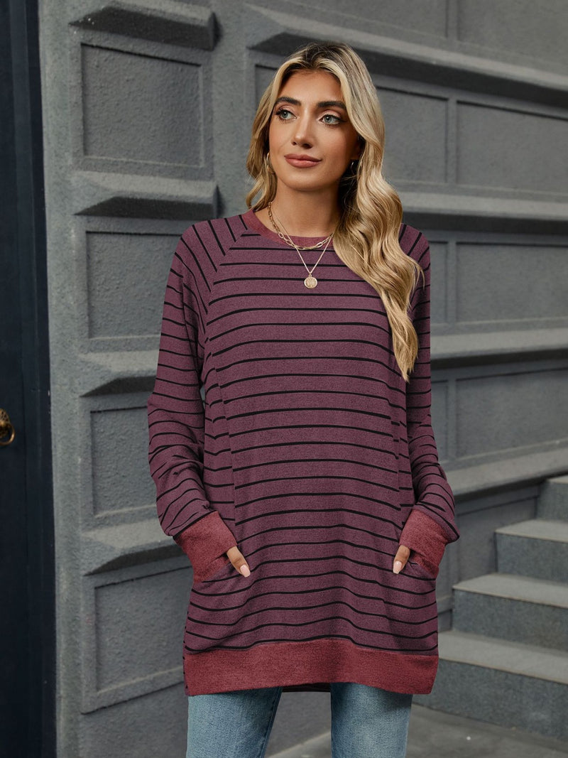 *8 COLORS* Pocketed Striped Round Neck Long Sleeve Top