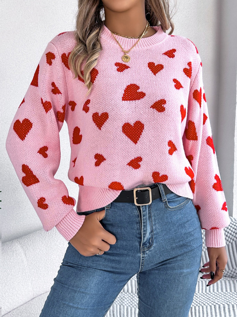 3 COLORS - Heart Round Neck Long Sleeve Sweater