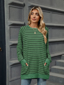 *8 COLORS* Pocketed Striped Round Neck Long Sleeve Top