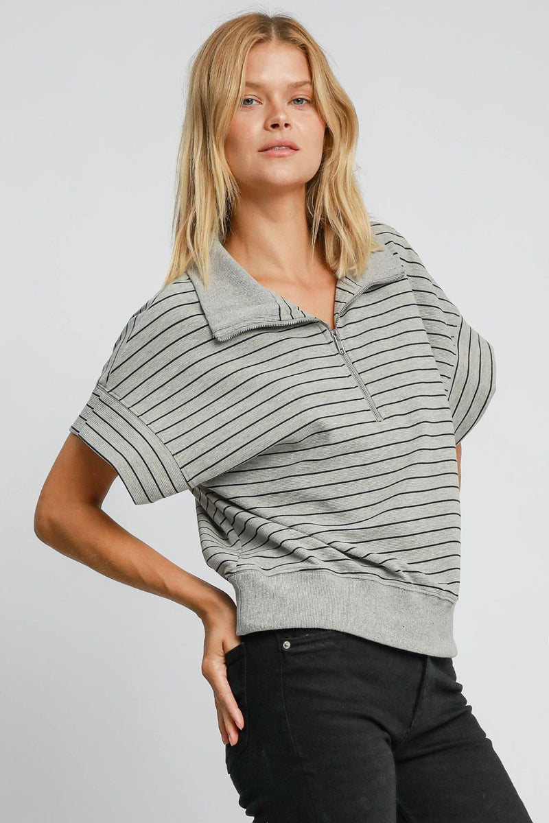 Striped Half Zip Short Sleeve Sweatshirt