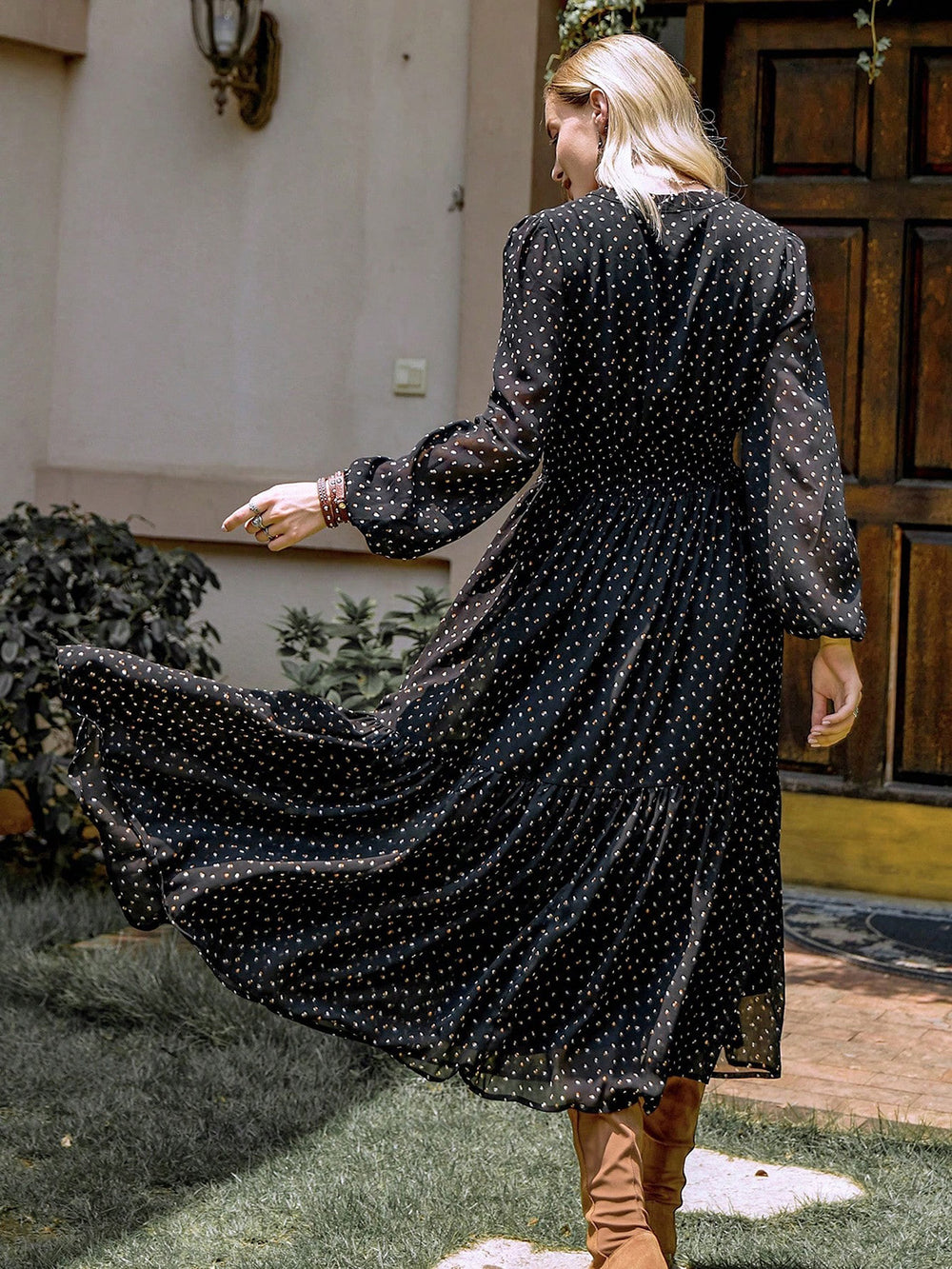 Embroidered Polka Dot Tie Neck Long Sleeve Midi Dress – Wild At
