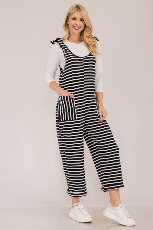 Striped Scoop Neck Overalls with Pockets