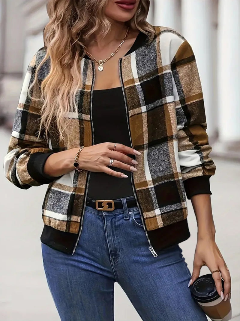 3 COLORS Plus Size Plaid Baseball Collar Zip Up Jacket