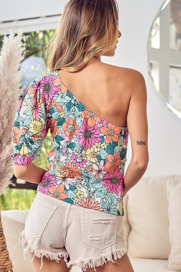 Floral Puff Sleeve One Shoulder Top