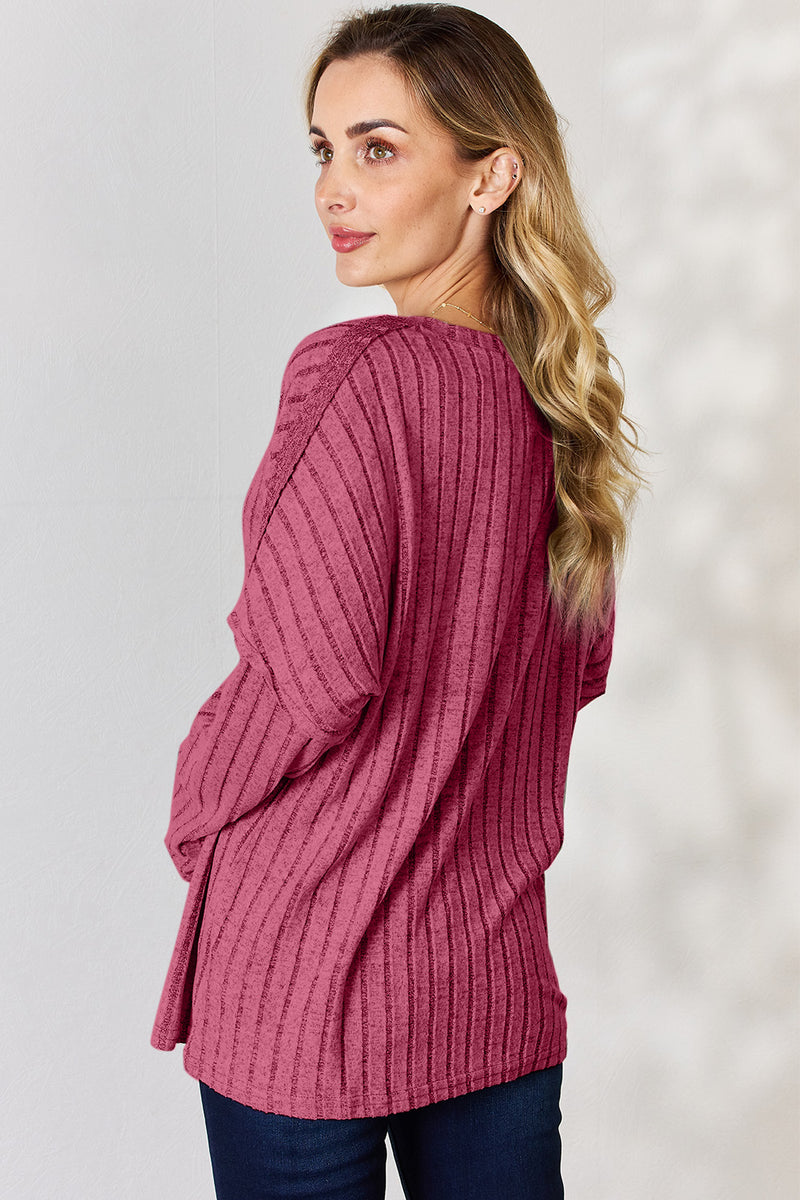 Ribbed Half Button Long Sleeve Top