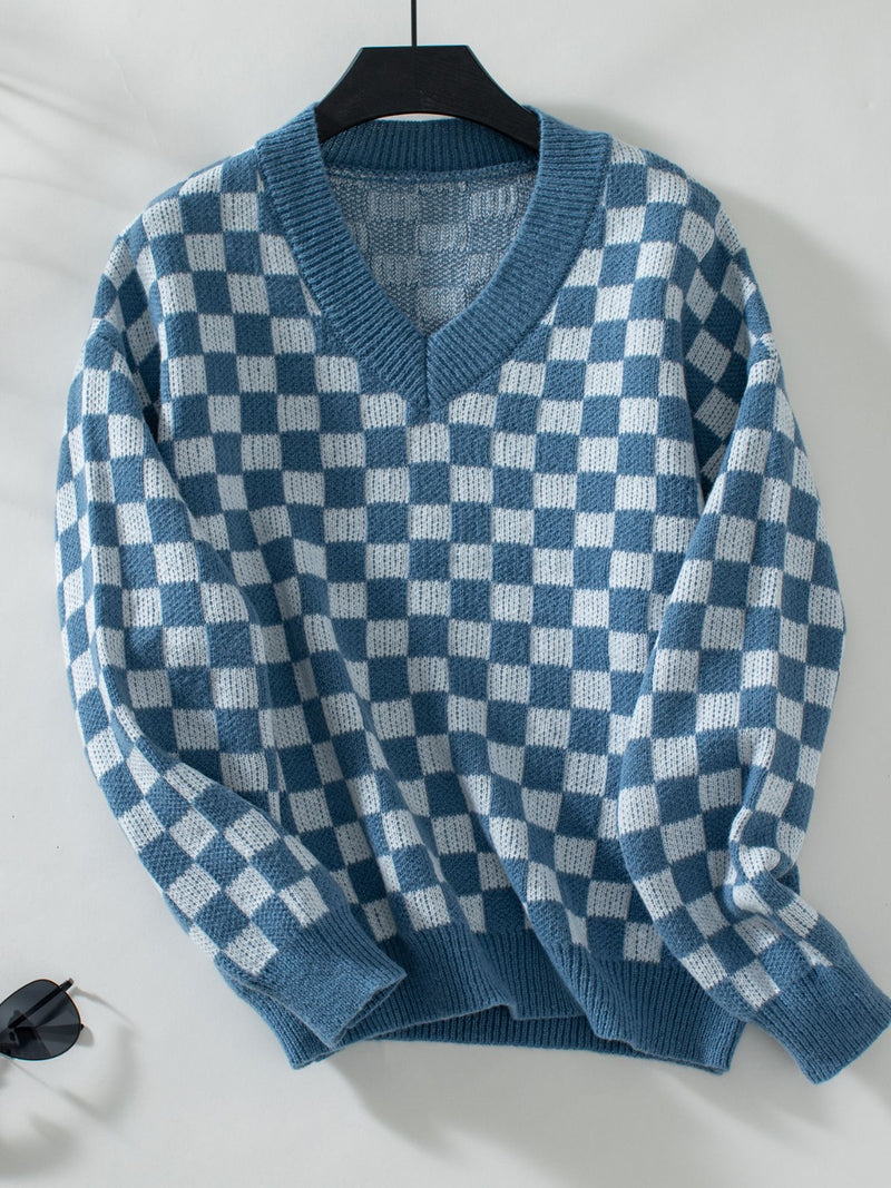 3 COLORS Checkered V-Neck Dropped Shoulder Sweater