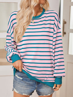 4 COLORS - Striped Contrast Long Sleeve Sweatshirt