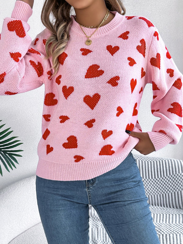 3 COLORS - Heart Round Neck Long Sleeve Sweater