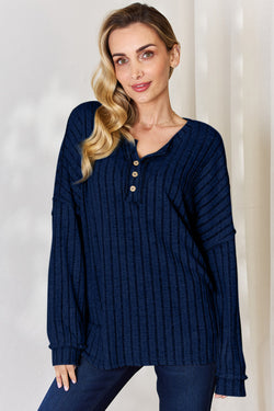 Ribbed Half Button Long Sleeve Top