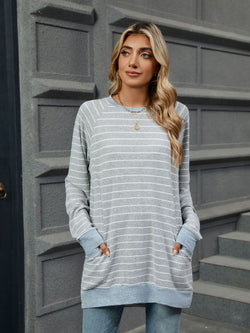 *8 COLORS* Pocketed Striped Round Neck Long Sleeve Top