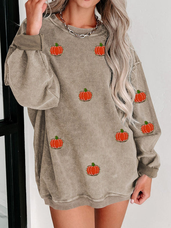 2 COLORS - Pumpkin Round Neck Long Sleeve Sweatshirt