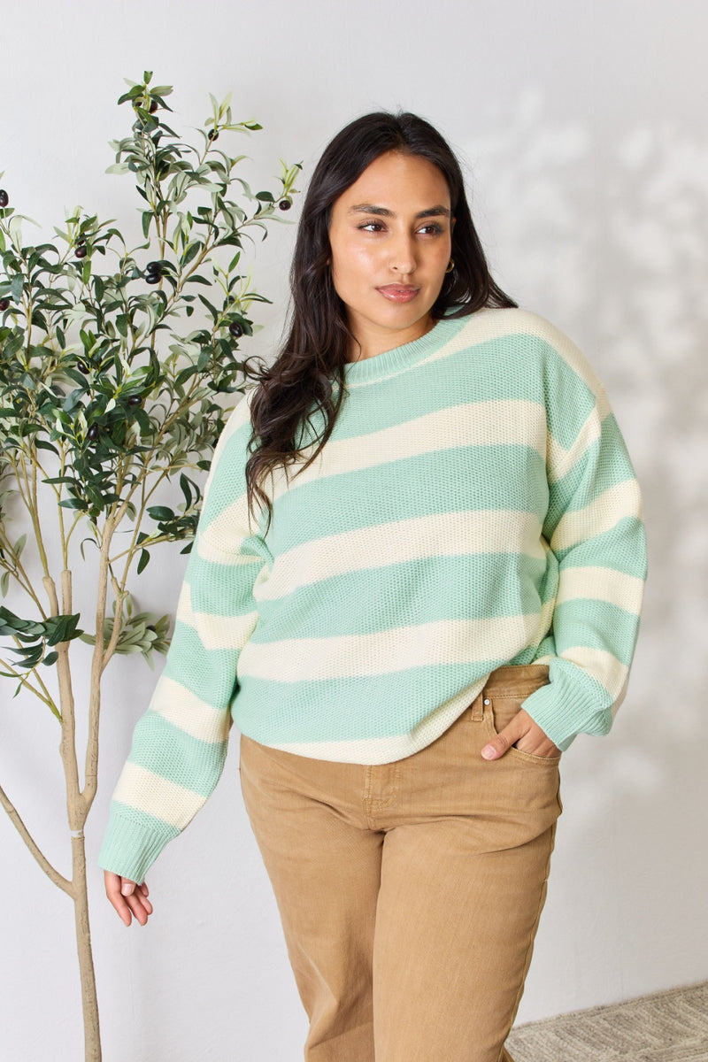 Sew In Love  Contrast Striped Round Neck Sweater