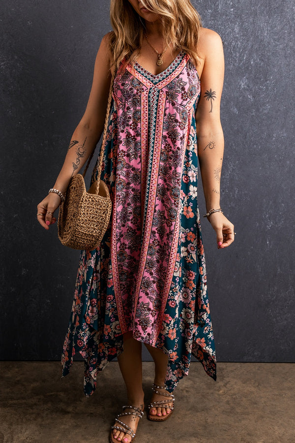 Boho Printed V-Neck Midi Cami Dress