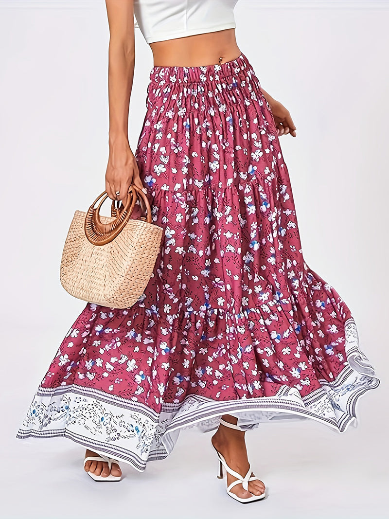 Boho Tiered Printed Elastic Waist Skirt