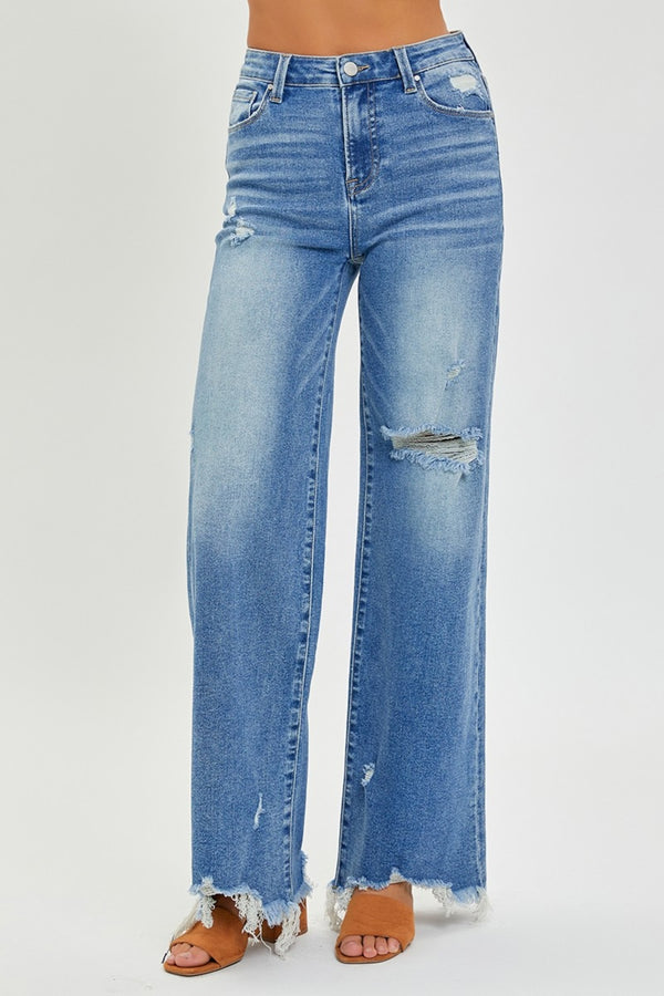 Risen  High Rise Frayed Hem Wide Leg Jeans