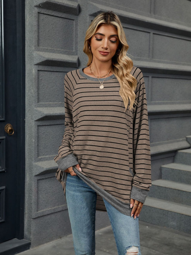 *8 COLORS* Pocketed Striped Round Neck Long Sleeve Top