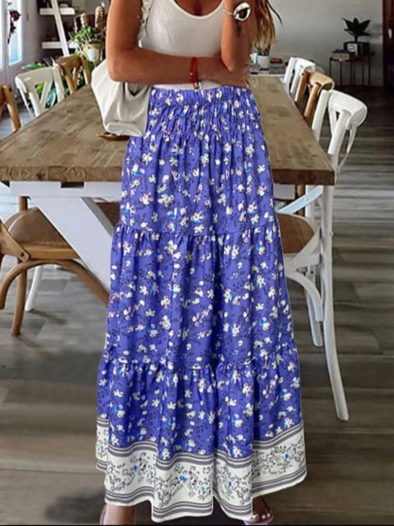 Boho Tiered Printed Elastic Waist Skirt