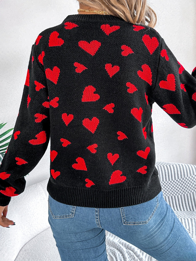 3 COLORS - Heart Round Neck Long Sleeve Sweater