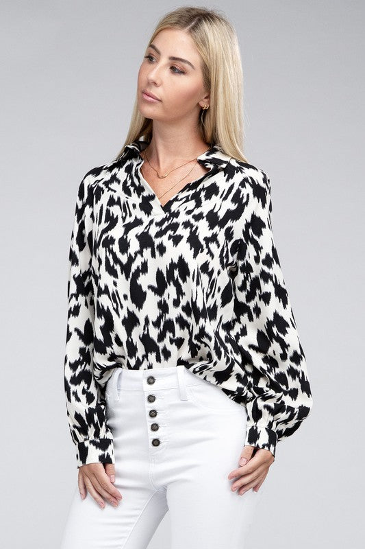 Black & White Animal Print Collared Shirt