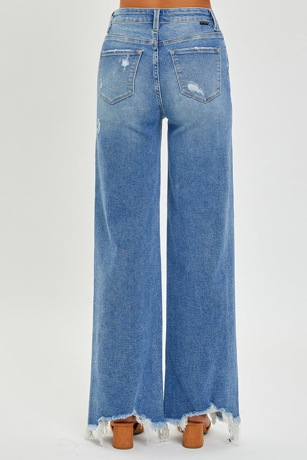 Risen  High Rise Frayed Hem Wide Leg Jeans