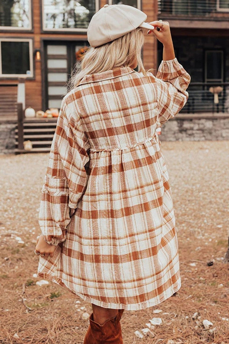 Plaid Collared Neck Long Sleeve Shirt Dress