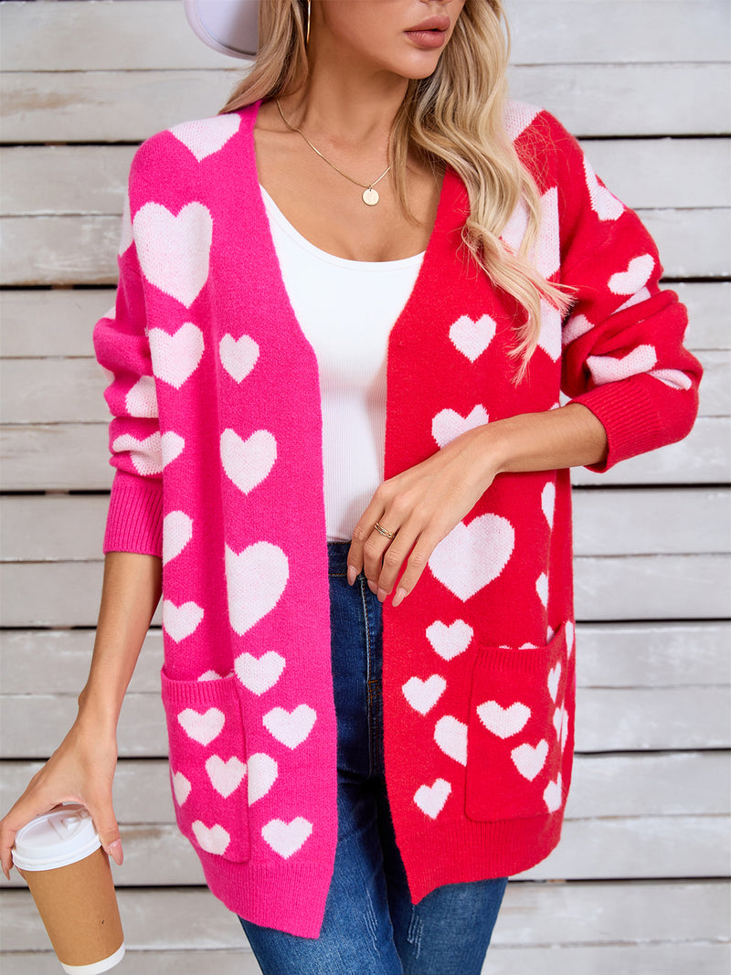 3 COLORS Heart Open Front Long Sleeve Cardigan