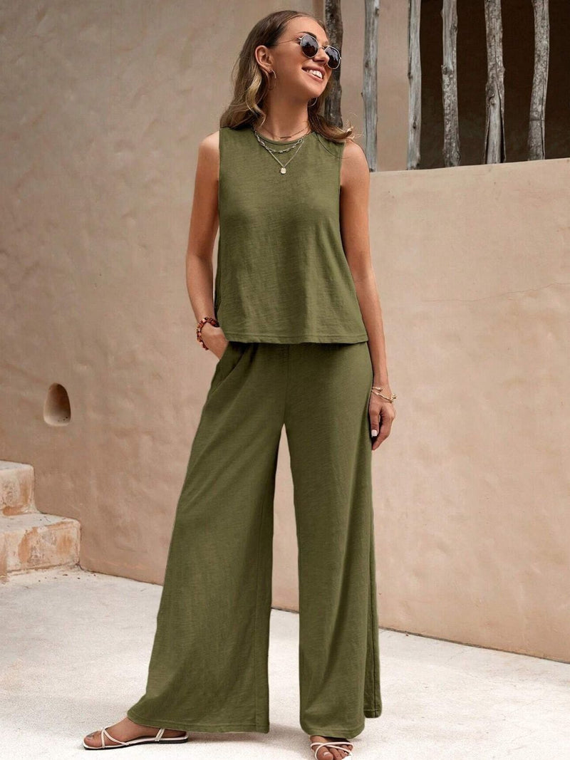 *5 COLORS* Round Neck Sleeveless Top and Wide Leg Pants Set