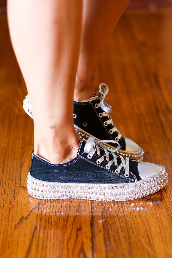 Get Their Attention Black Studded Canvas Sneakers