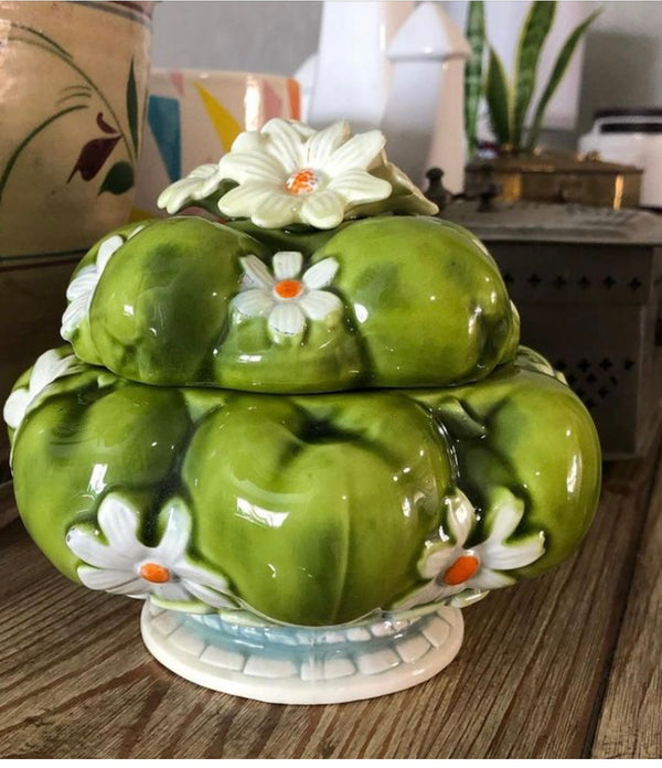 Green Apple & Daisy Top Vintage Cookie Jar  Inarco 1967 Ceramic
