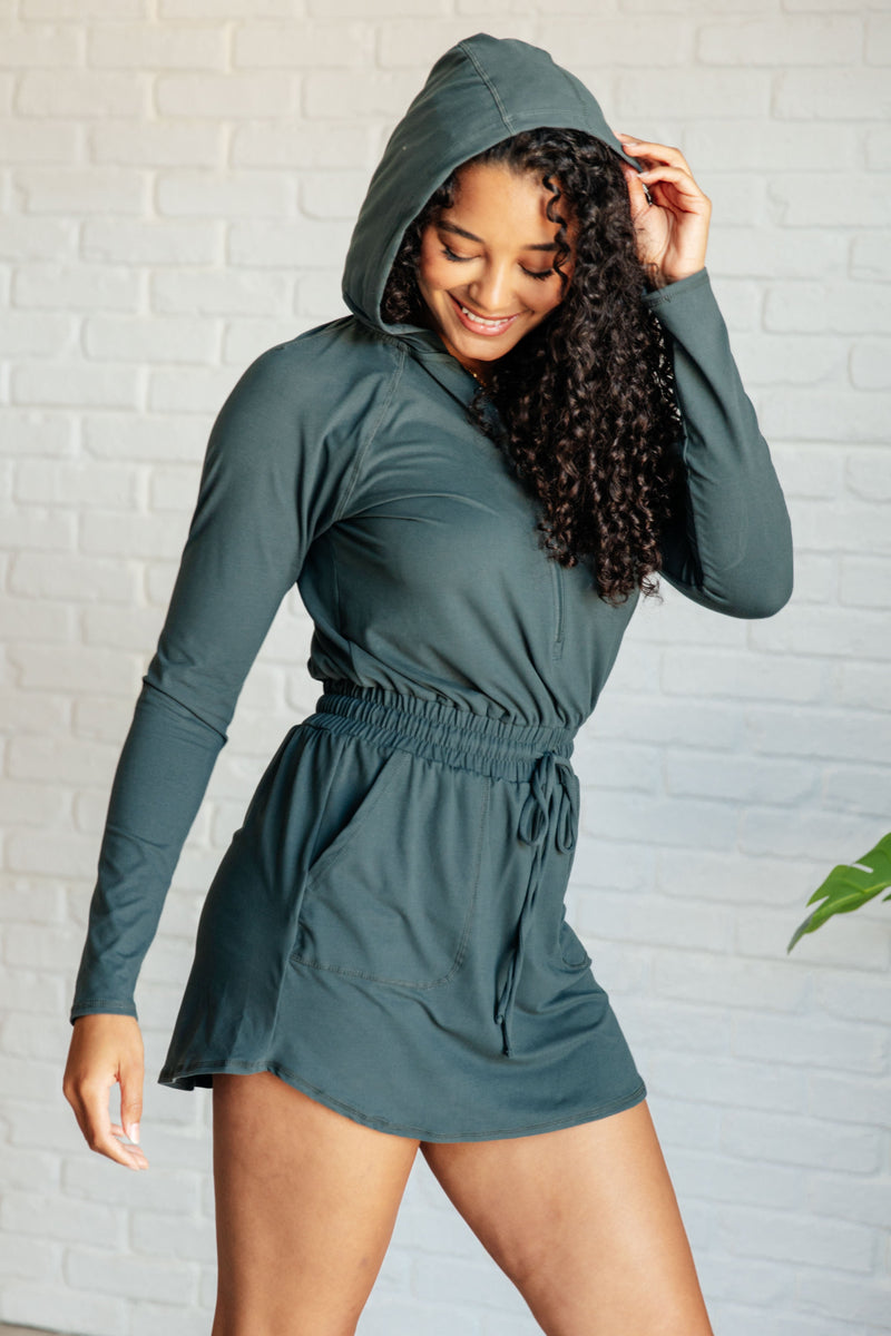 Getting Out Long Sleeve Hoodie Romper in Smoked Spruce