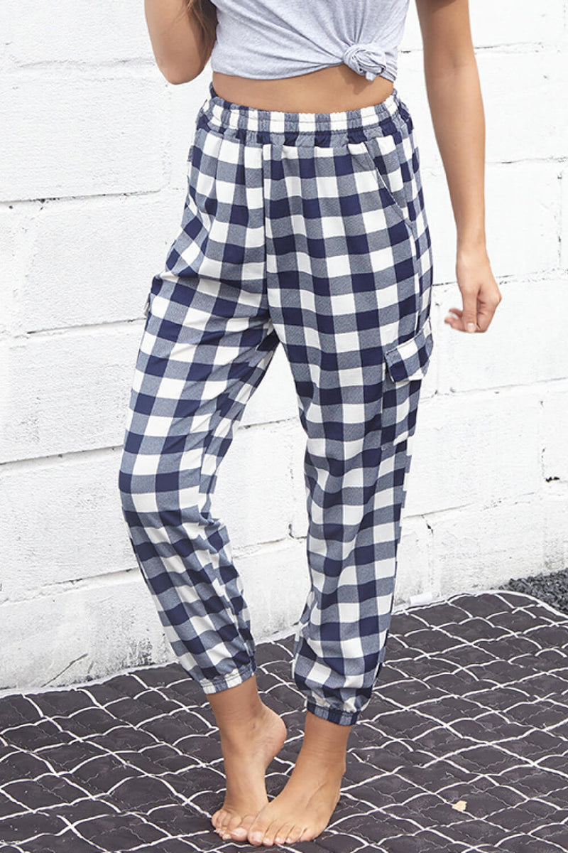 Perfect Plaid Elastic High Waist Cargo Pants