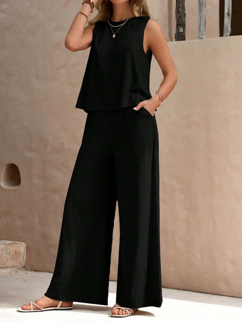 *5 COLORS* Round Neck Sleeveless Top and Wide Leg Pants Set