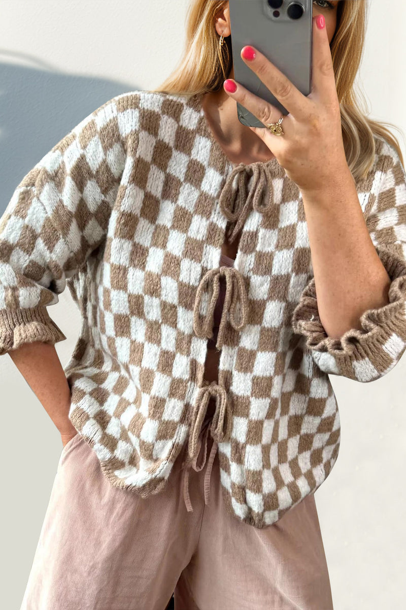 7 COLORS Checkered Dropped Shoulder Flounce Sleeve Cardigan