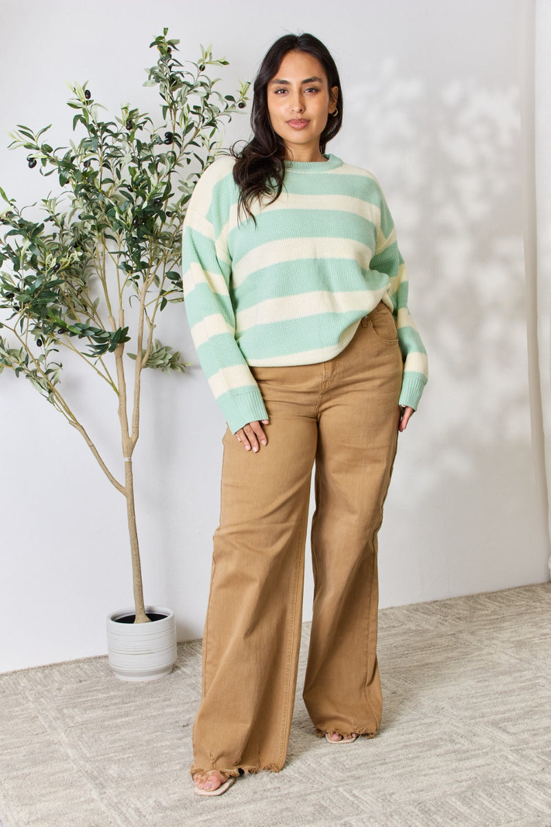 Sew In Love  Contrast Striped Round Neck Sweater