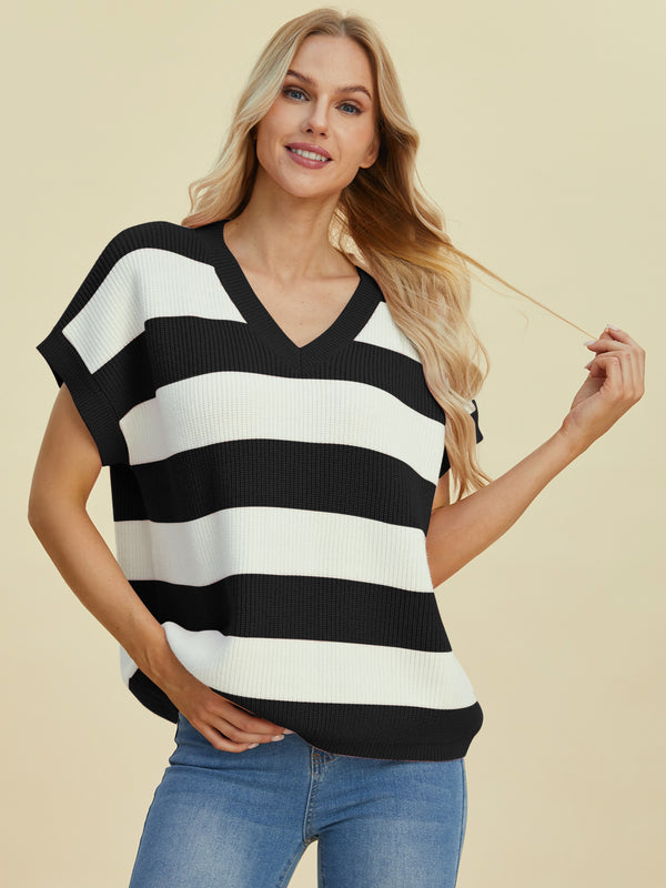 4 COLORS - Striped V-Neck Short Sleeve Sweater