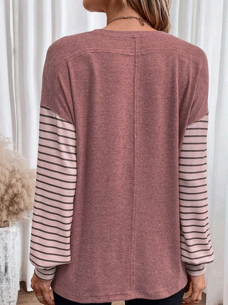 Round Neck Striped Long Sleeve Slit Top