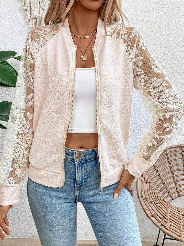 2 COLORS  Lace Baseball Collar Zip Up Jacket