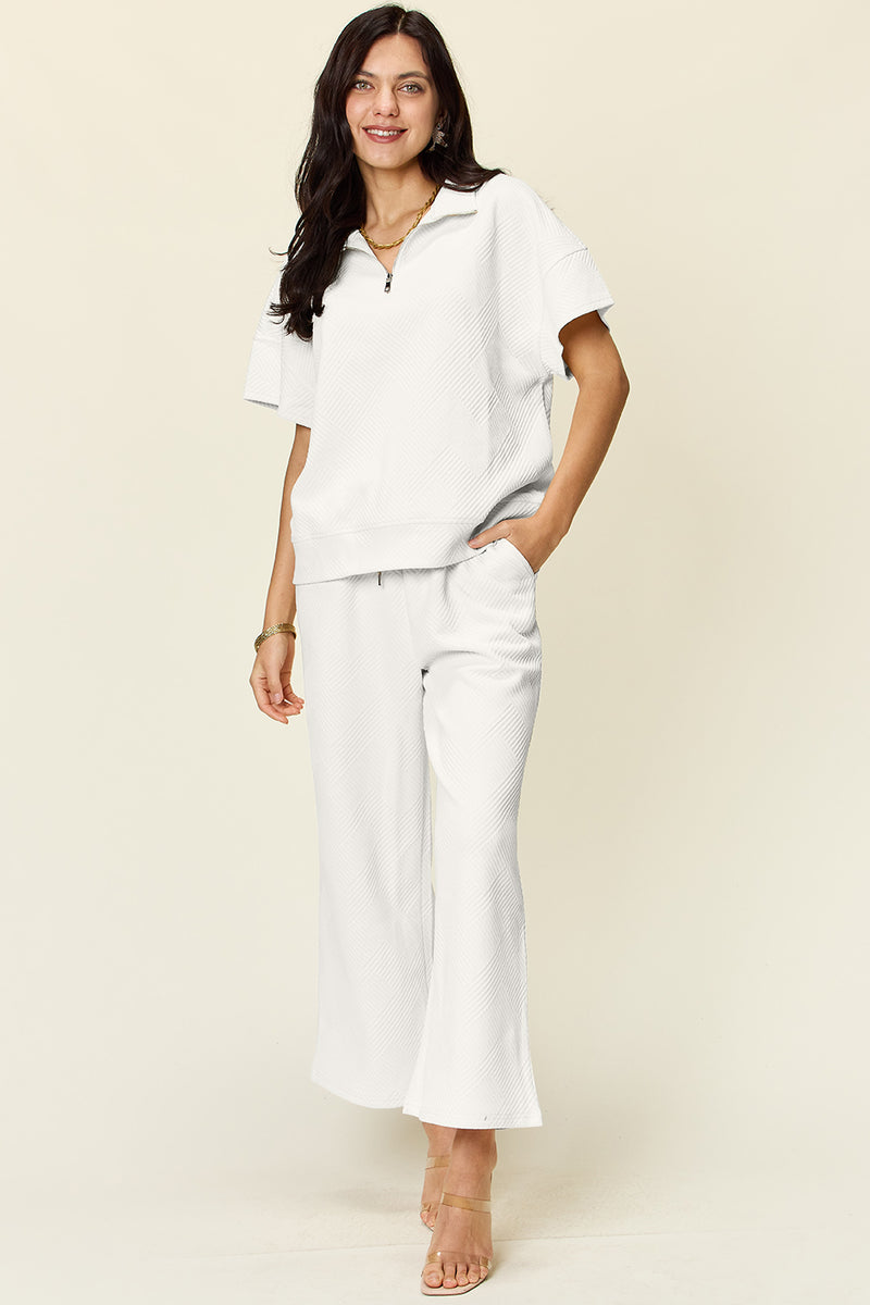 *6 COLORS* Double Take Textured Half Zip Short Sleeve Top and Pants Set