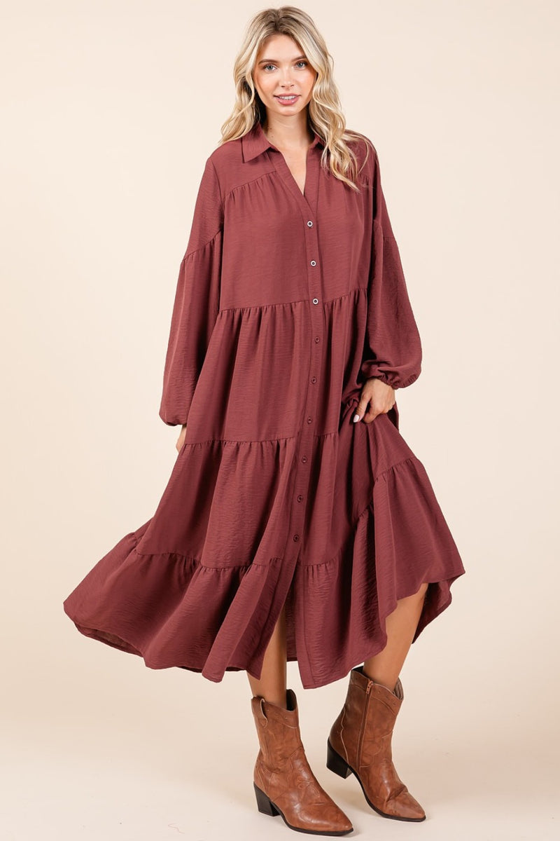 Tiered Button Down Long Sleeve Midi Dress