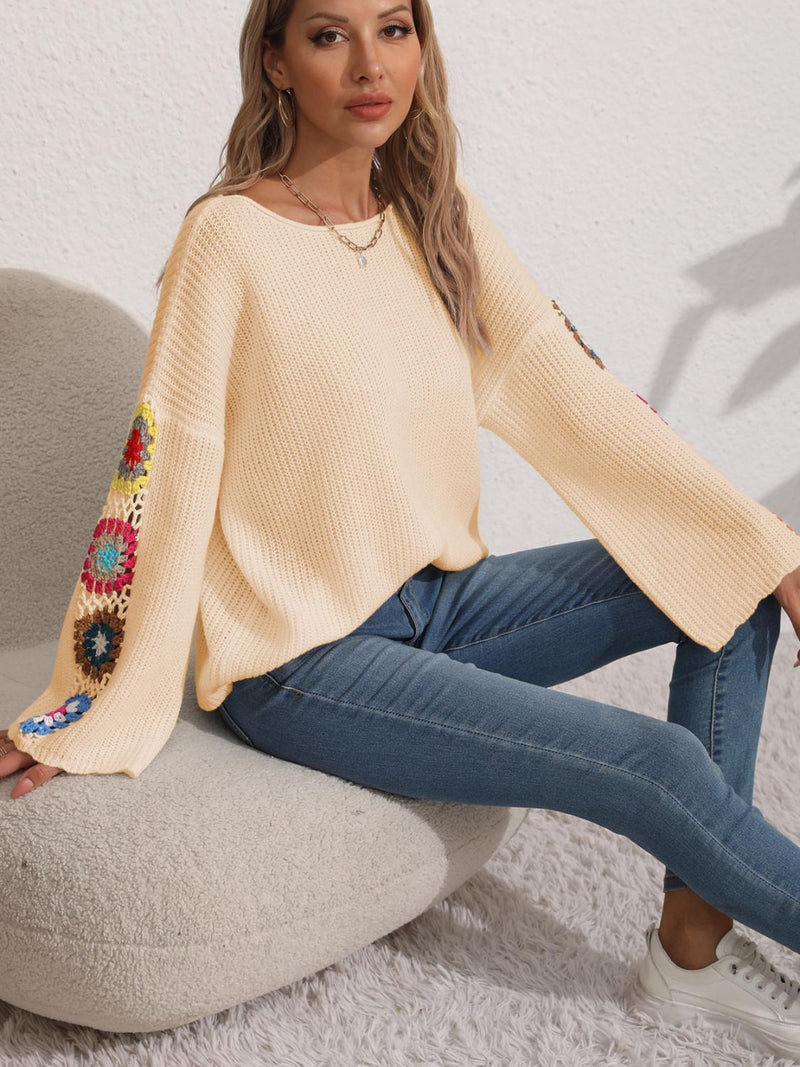 3 COLORS Crochet Flower Long Sleeve Sweater