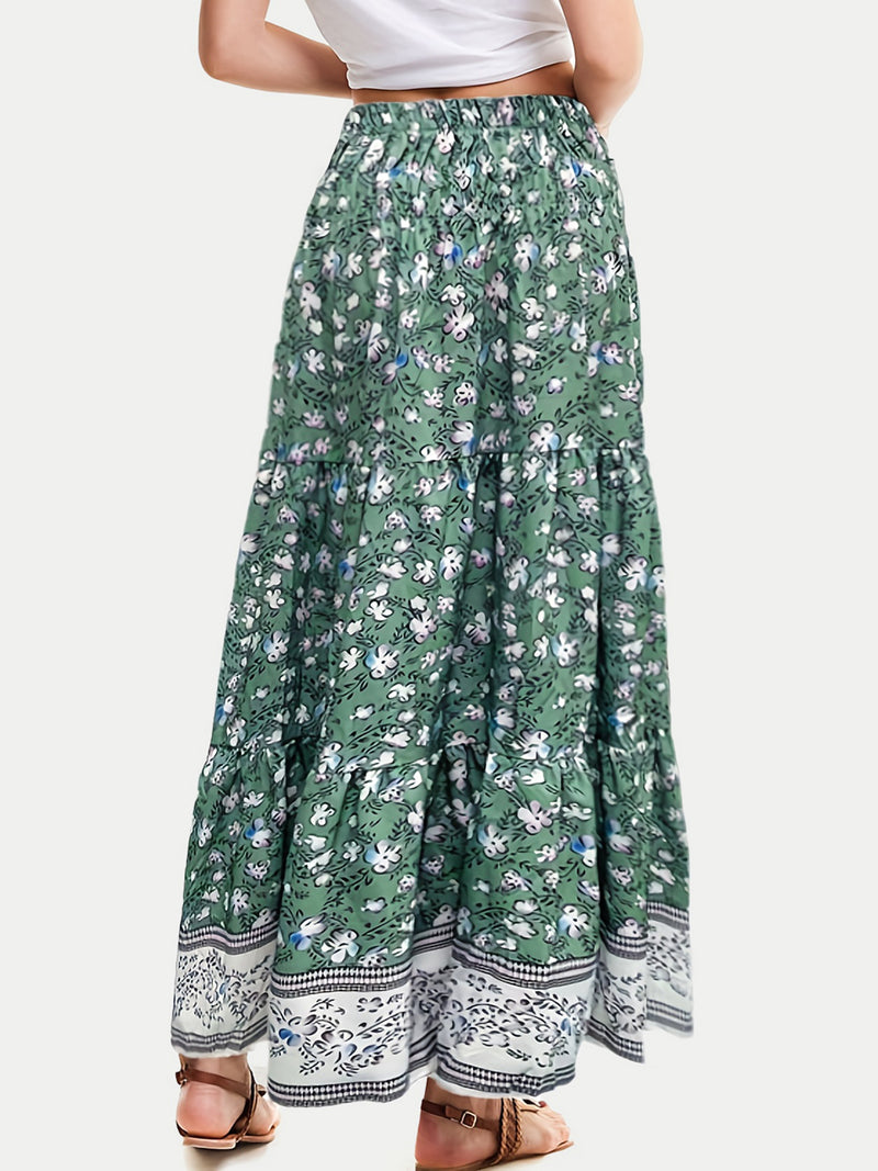 Boho Tiered Printed Elastic Waist Skirt