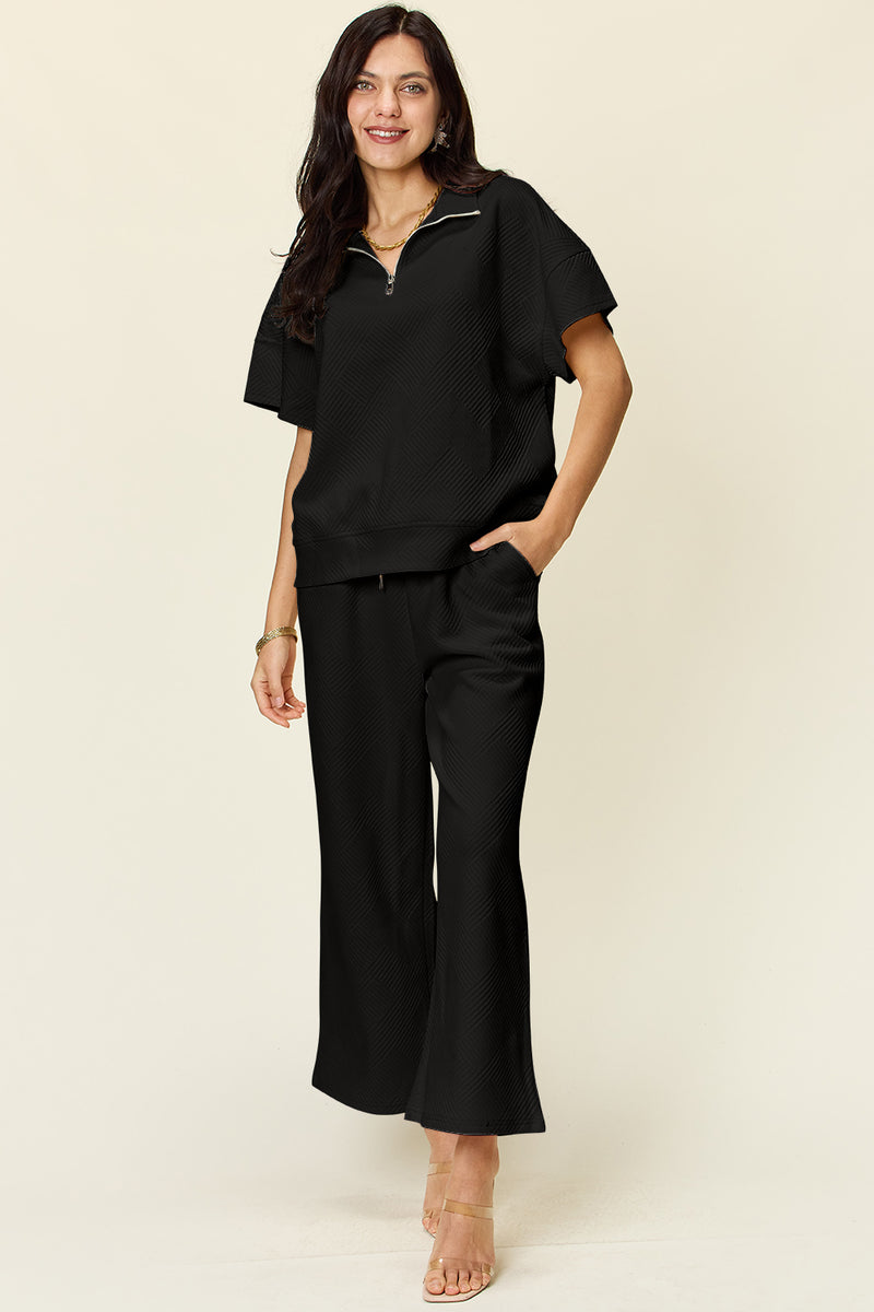 *6 COLORS* Double Take Textured Half Zip Short Sleeve Top and Pants Set