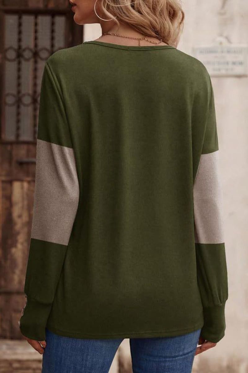 Decorative Button Contrast V-Neck Long Sleeve Top