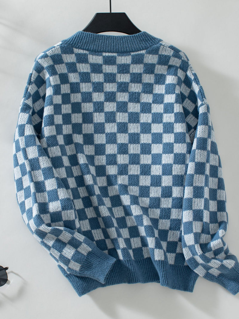 3 COLORS Checkered V-Neck Dropped Shoulder Sweater