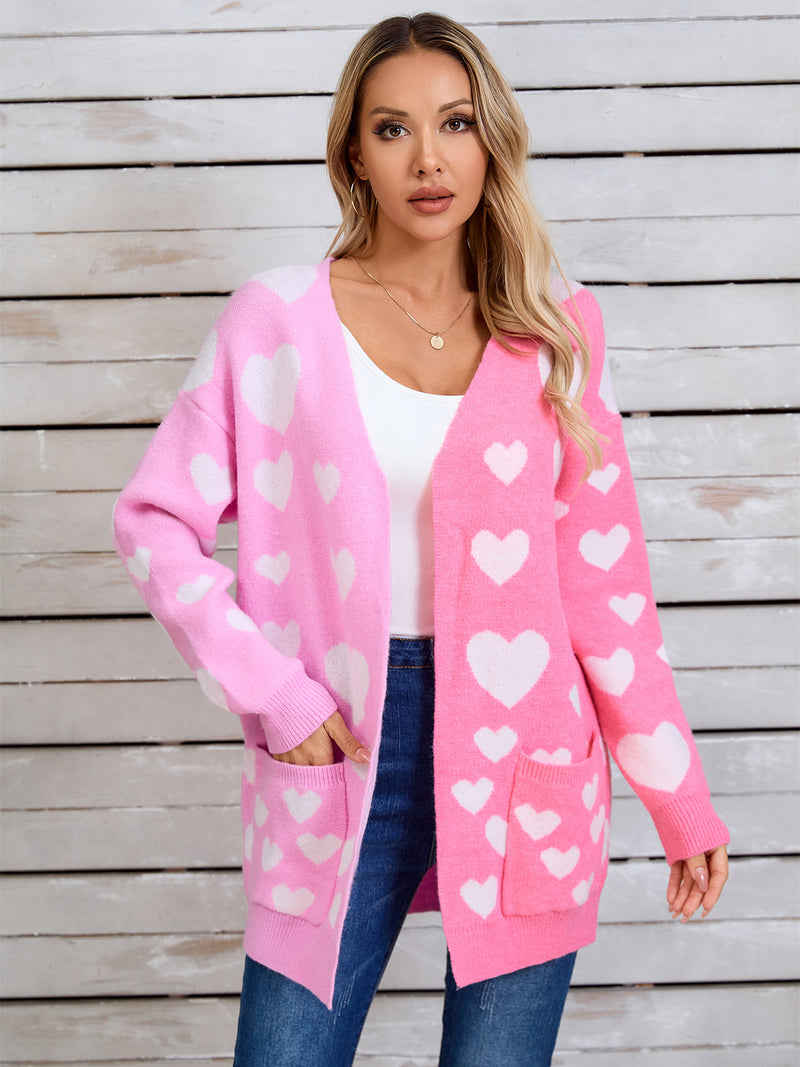 3 COLORS Heart Open Front Long Sleeve Cardigan