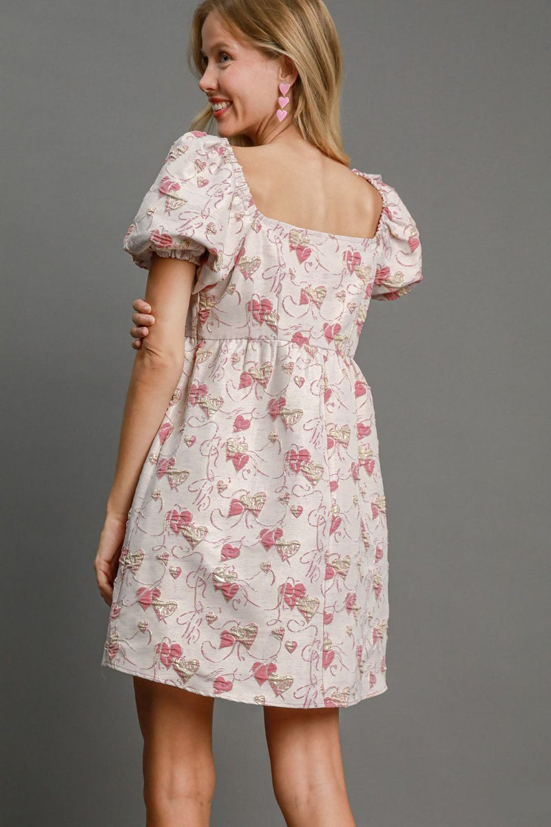 Heart Jacquard Square Neck Puff Sleeve Dress