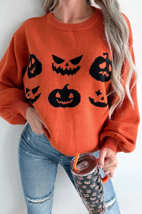 Pumpkin Pattern Round Neck Sweater