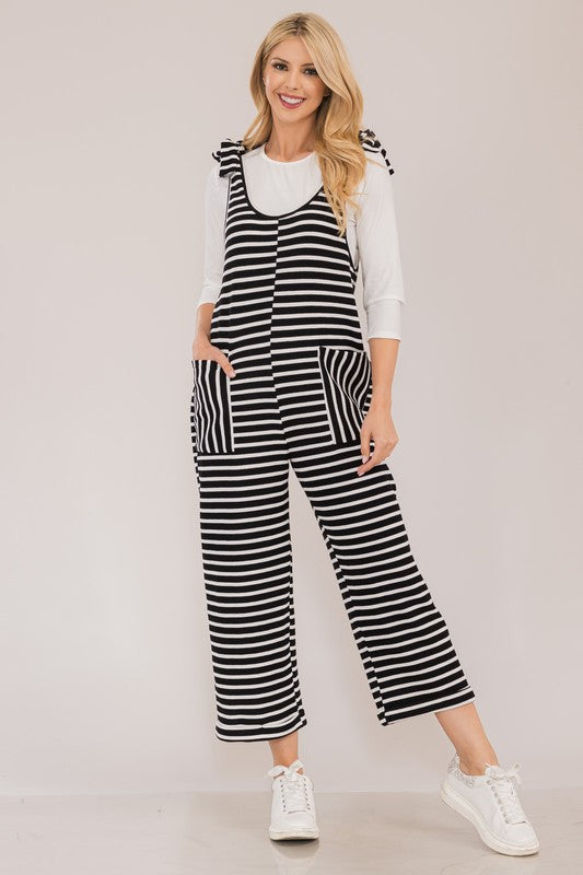 Striped Scoop Neck Overalls with Pockets