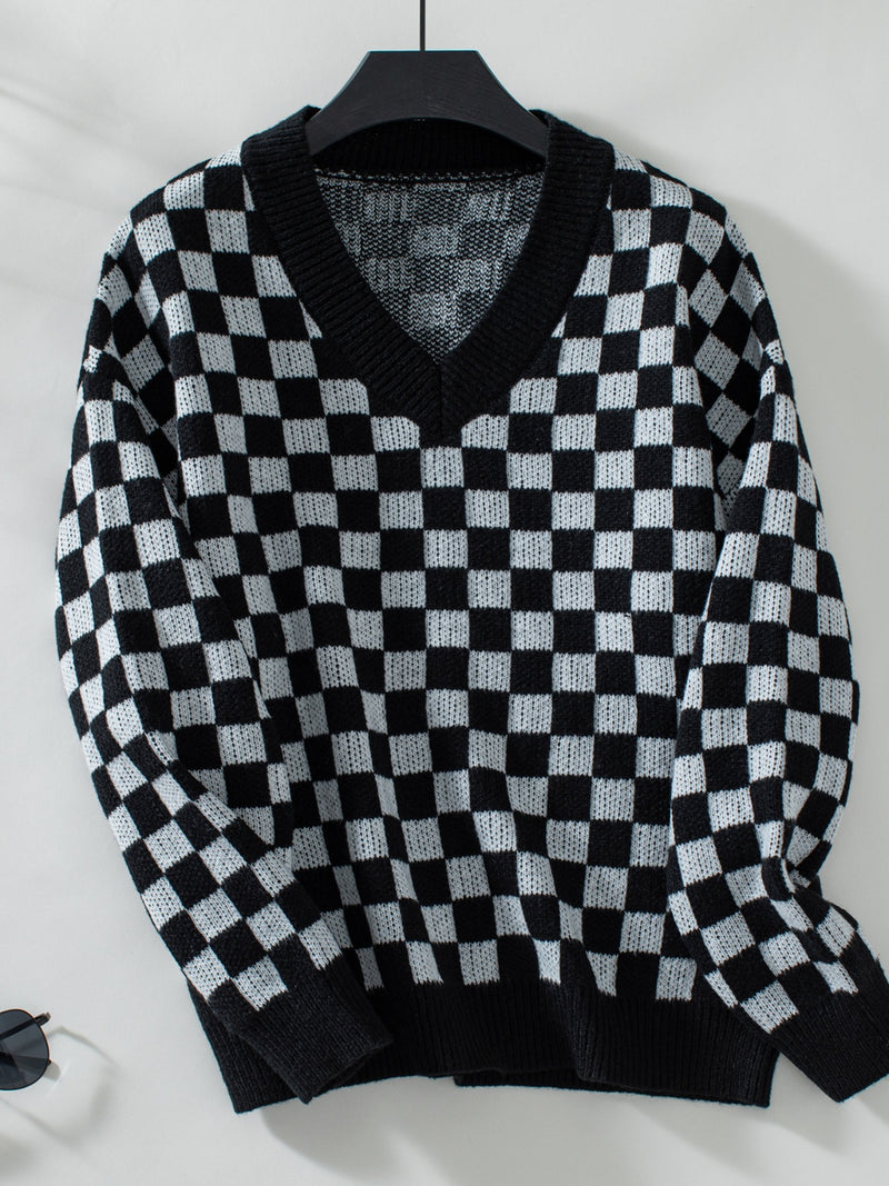 3 COLORS Checkered V-Neck Dropped Shoulder Sweater